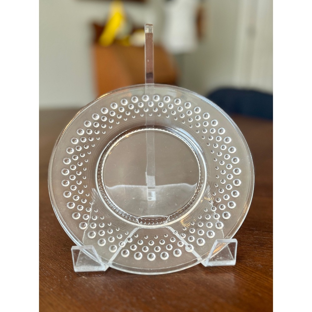 Vintge Clear Glass Bubble Raindrop 8 Inch Salad Plates Raised Bead Rim Pair of 2